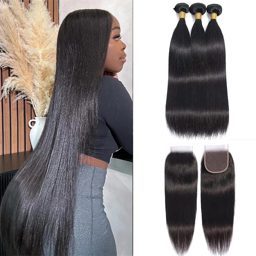 Bone Straight Human Hair Bundles 26 28 30 Inch With Closure Peruvian Hair Weave 3 Bundles With 4x4 Lace Closure Extensions