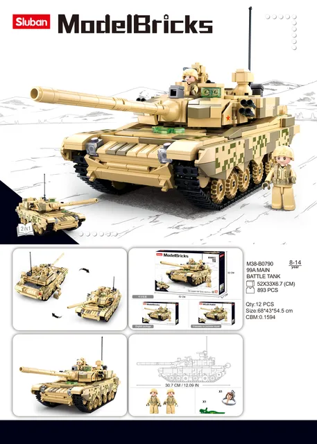 Sluban Building Block Toys Army 99A Main Battle Tank 893PCS Bricks B0790  Compatbile With Leading Brands Construction Kits