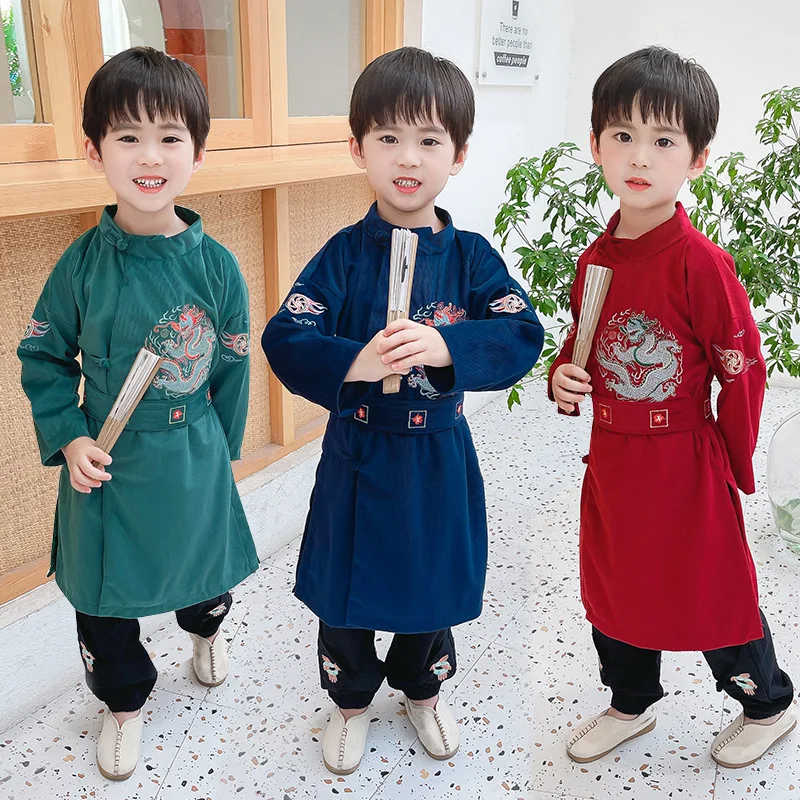 

Boys New Chinese Style Traditional Ancient Cotton Hanfu Vintage Button Dragon Embroidery Tang Coat One Piece Role Play Costume