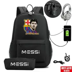 Super Stars Messi Backpack usb 2pcs An-ti Lock Teens Laptop School Bags Female Male Simple multifunction Pockets Mochilas
