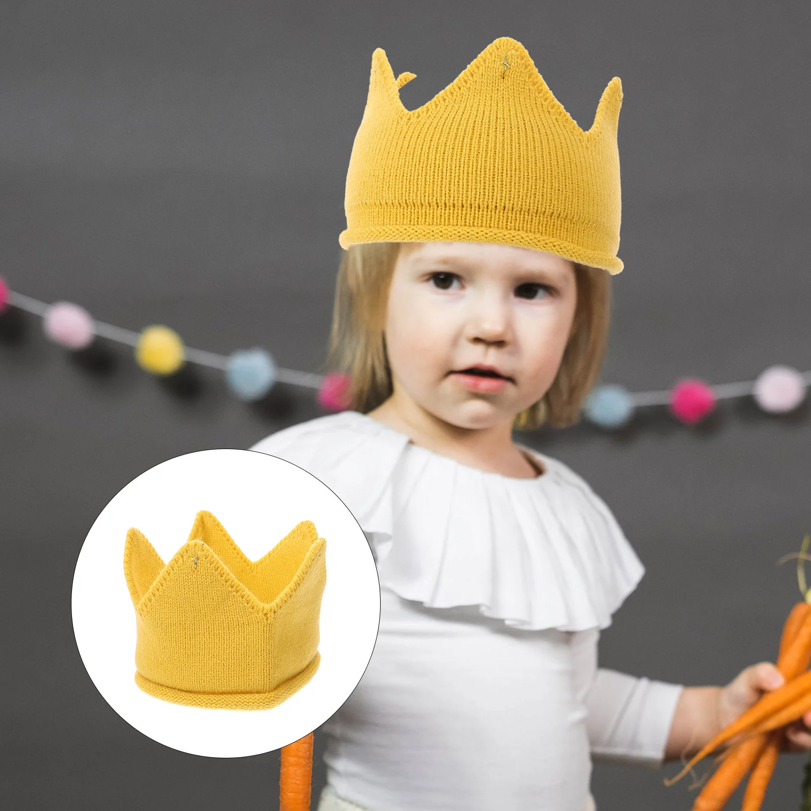 

Baby Crown Hat for Baby Birthday Party - Knitted Crochet Winter Beanie Cap for Kids - Yellow Medium
