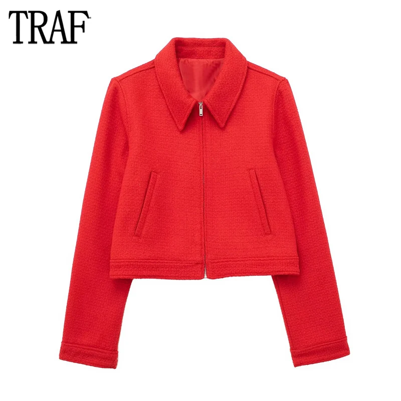 

TRAF 2024 Red Cropped Jackets for Women Zip Textured Jacket Woman Office Short Women's Jacket Streetwear Fashion Outerwear