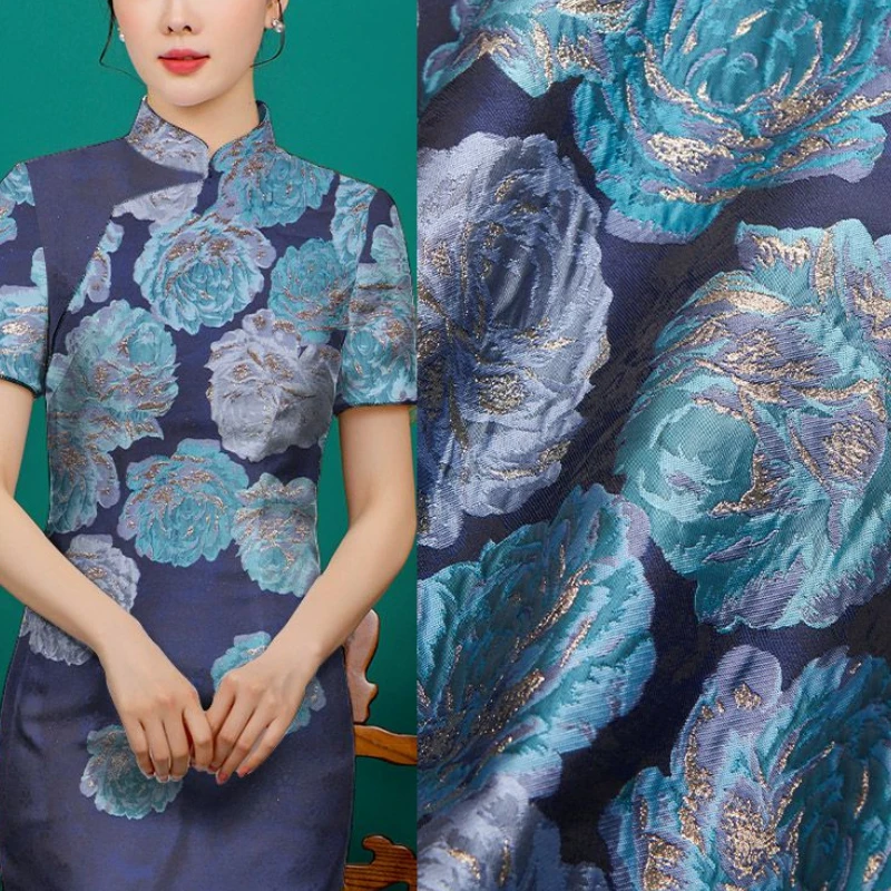 

Gold Silk Jacquard Fabric Chinese Spring Autumn Big Flower Dark Pattern Dress Fashion European Brand Fashion Design Sew Cloth