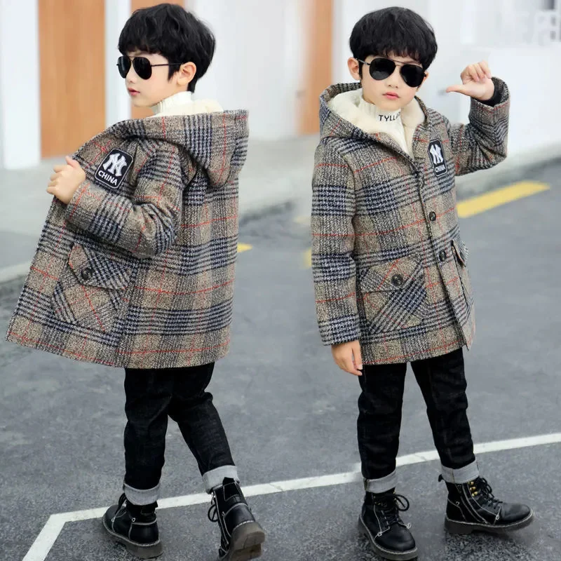 

Boys Wool Blends Coat 2023 Winter New Plus Velvet Warm Children'S Jacket Outerwear Casual Hooded Plaid Teenager Clothes Trench