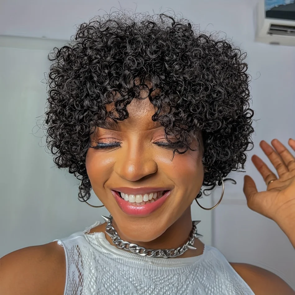Short Pixie Curly Bob Wig Bangs Brazilian Human Hair Bouncy Curl Full machine made Wig Women human hair wigs