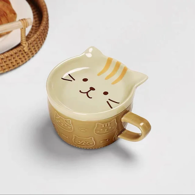 Set Tazze Gatto Kawaii In Ceramica - Con Coperchio E Cucchiaio, 300ml, Design Carino