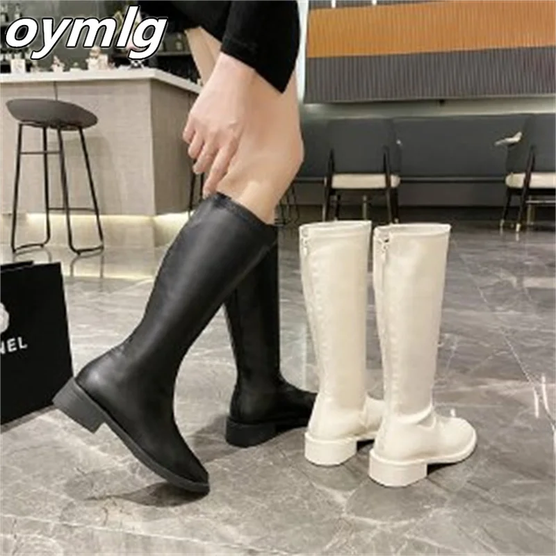 

Rider boots women's rear zipper but knee mid-boots 2022 new shave leather single boots thick heel rubber show thin and tall
