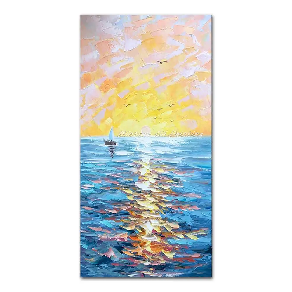 

Mintura Large Size Handmade Artwork Handpainted Oil Paintings on Canva The Sea And Fishing Boats Modern,Home Decoration Wall Art