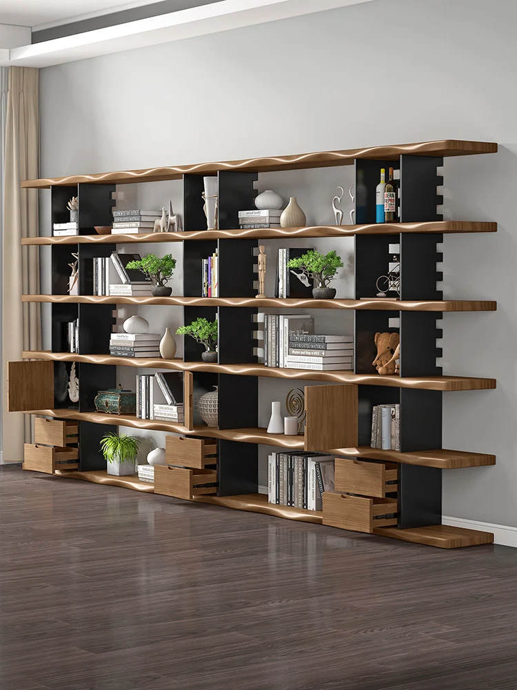 American solid wood bookcase wrought iron desk cabinet whole wall bookcase living room simple with drawer office shelf floor.