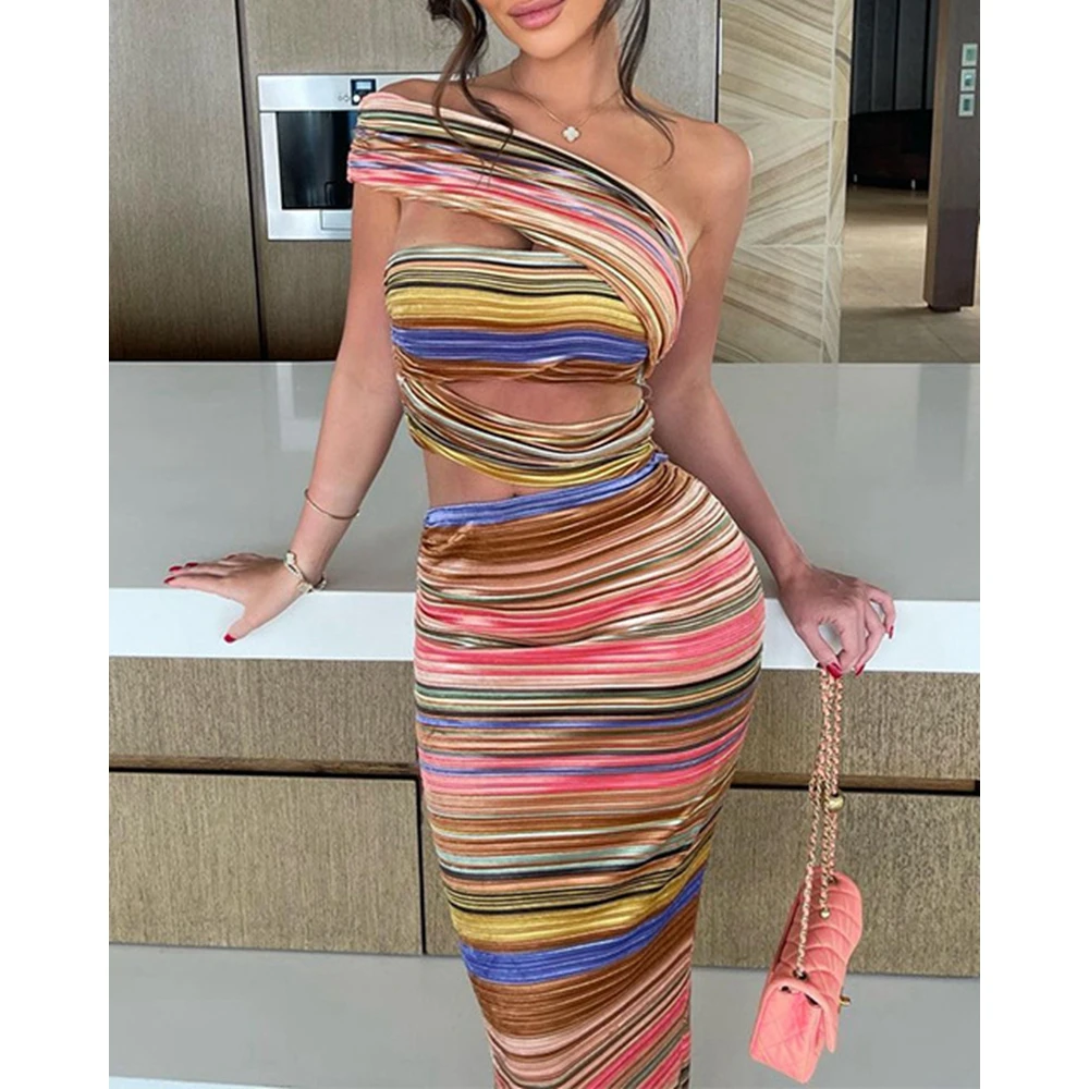 

Women Striped Print Cut out Slit Hem Long Bodycon Dresses Femme Korean Style Oblique Slim Fit Party Evening Vestidos Sexy Gowns