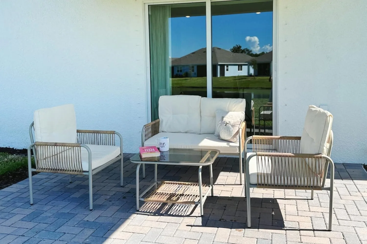 Patio Furniture Set, 4 Pieces Wicker Outdoor Conversation Set, All-Weather PE Rattan Bistro Set with Glass Side Table 3