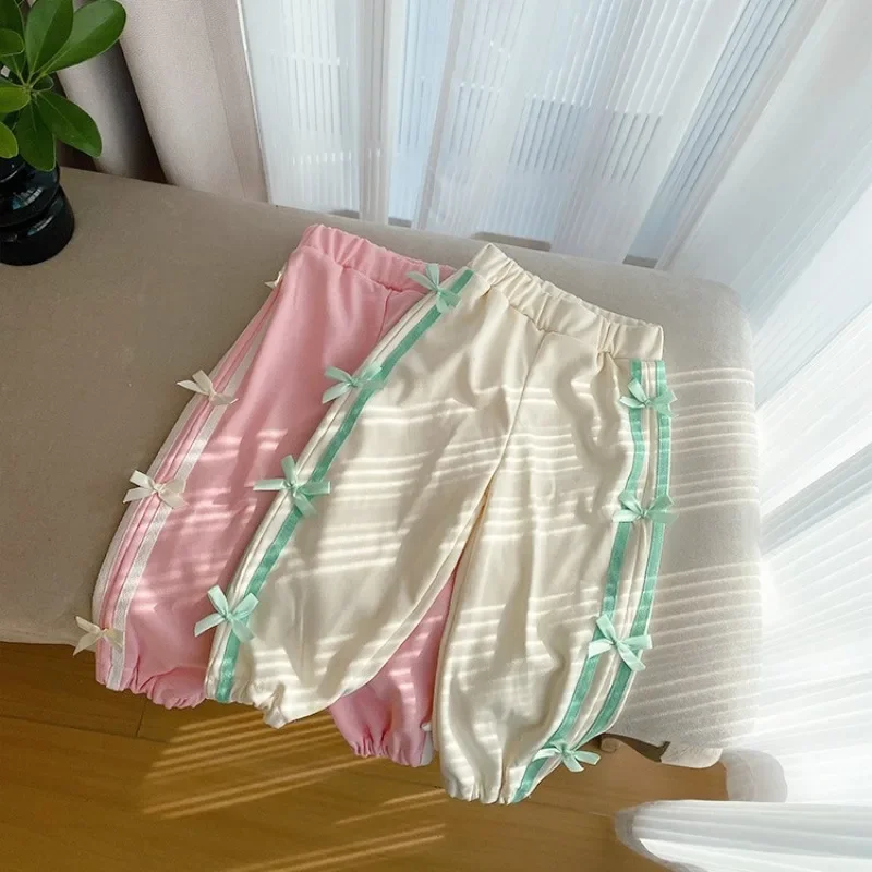 

2024 New Girls Spring Autumn One Piece Pant Sports Bow Loose Soft Fashion All-match Outdoor Sweet Lovely