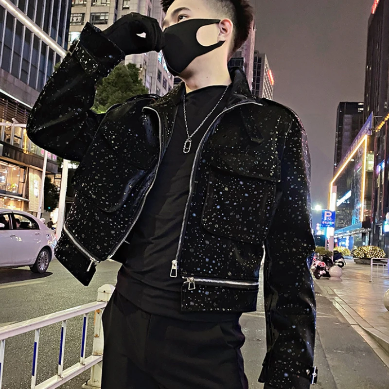 

2023 Spring Sequin Leather Jackets Men Short Motorcycle Bike Jacket Lapel Streetwear Social PU Leather Jacket Men Clothing