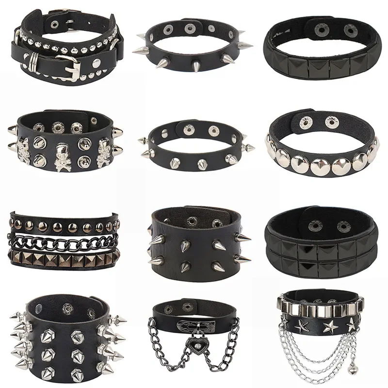 90s Heart Gothic Spike Bracelet Adjustable Punk Rock Bracelet Black Studded Faux Leather Bracelet for Men Women Gift