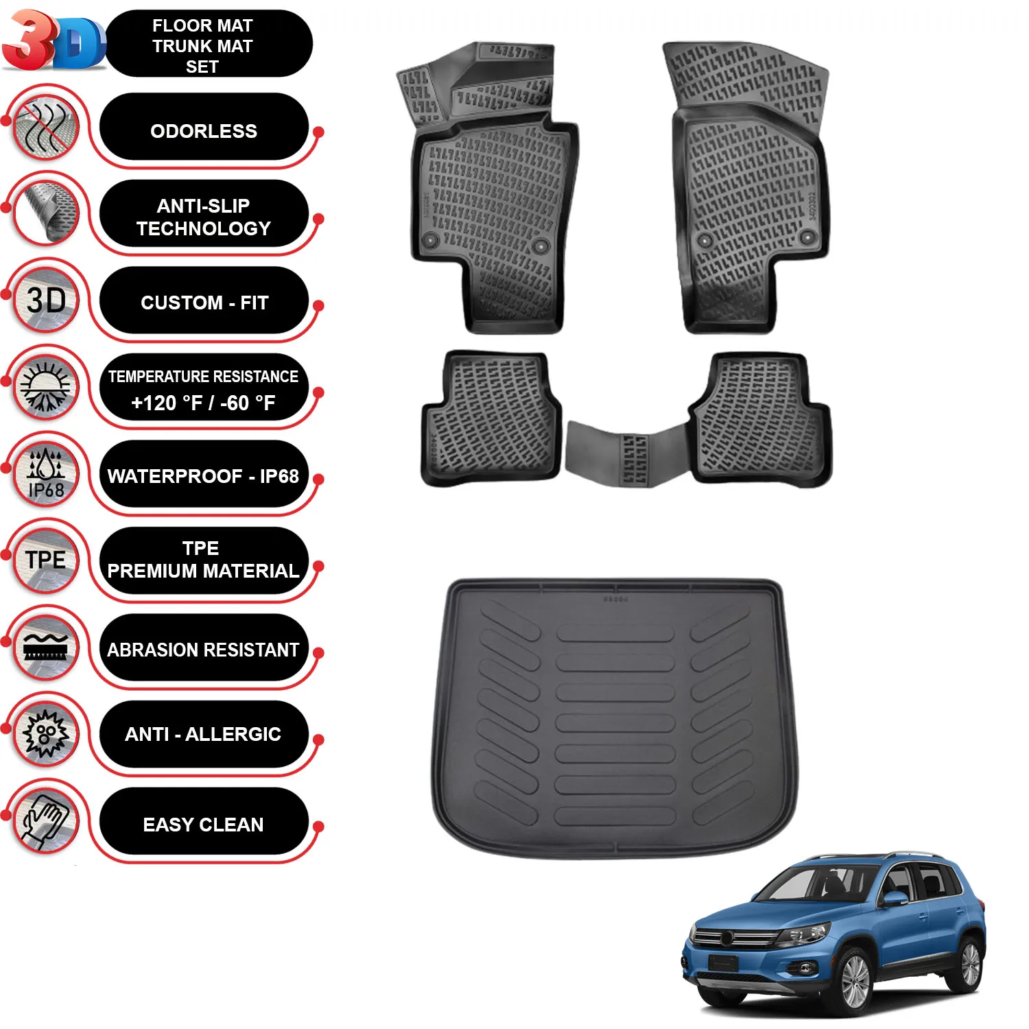 

Volkswagen Tiguan - (2016-2019) - Floor Mats + Cargo Trunk Liner - SET - (Black)