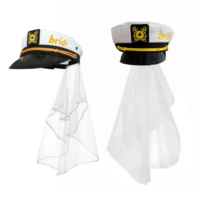 Sailor Captain sailor hat Hat Veil Nautical Bachelorette Party Bridal Sailor Cap with Veil Embroidery Beach Ocean Boat Bride Gift