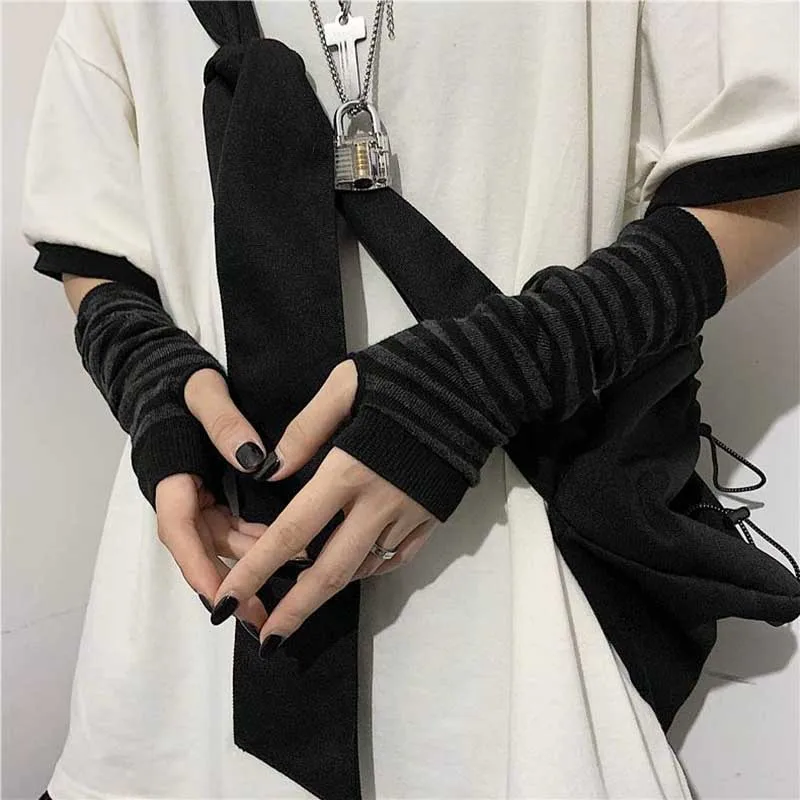 Fingerless Gloves Black Punk Long Fingerless Gloves Cuff For Women Men Sport Outdoor Gloves Elbow Mittens Cool Stretch Arm Warmer Y2k Accessories