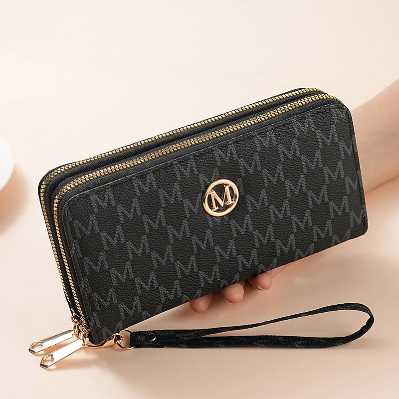 ダブルジッパー財布女性男性ロング小銭入れカードホルダーハンドバッグ札入れリストレット財布クラッチマネーバッグ M レター財布