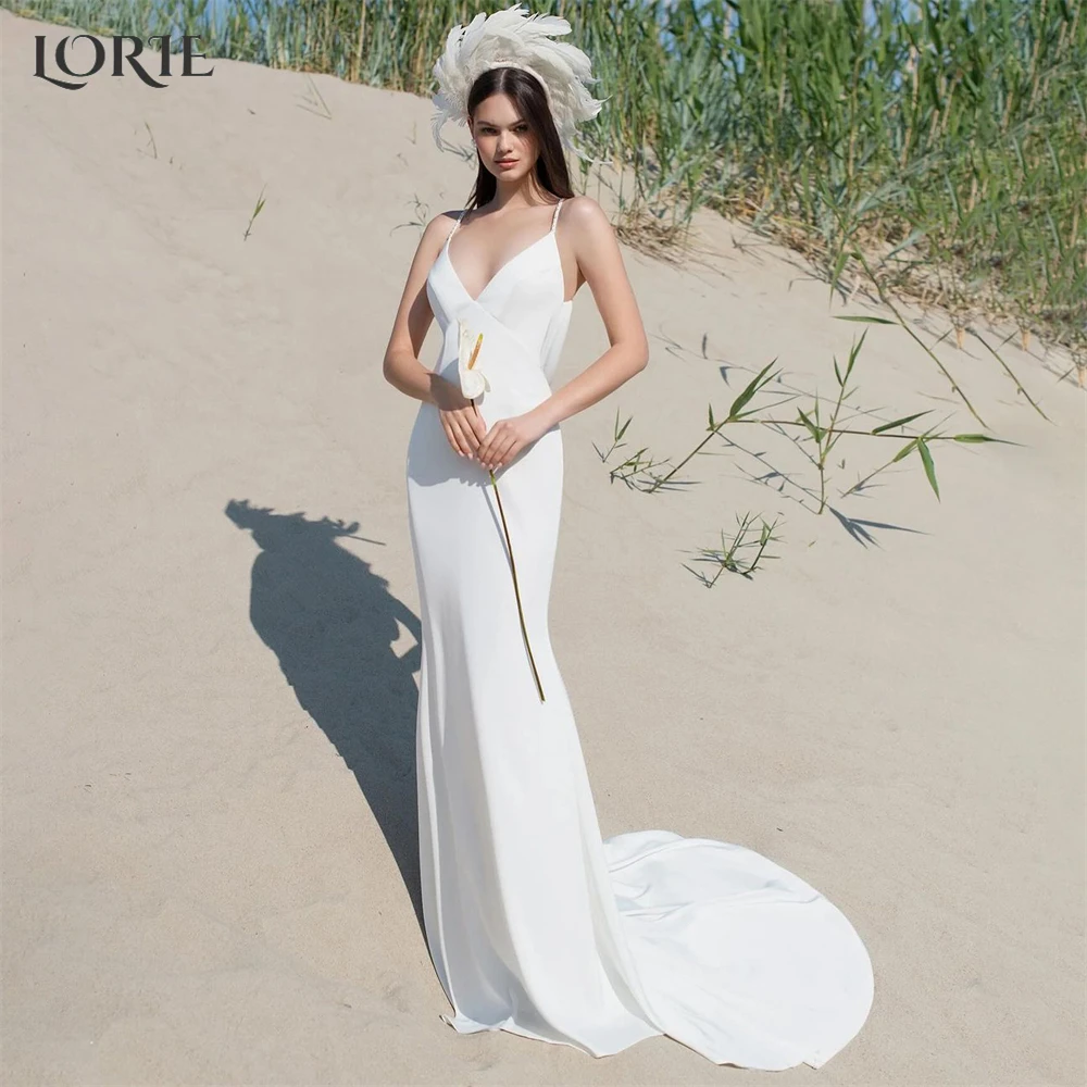 

LORIE Elegant Beach Mermaid Wedding Dresses Spaghetti Straps Bodycon V-Neck Bridal Gowns Backless Draped Sleeveless Bride Dress