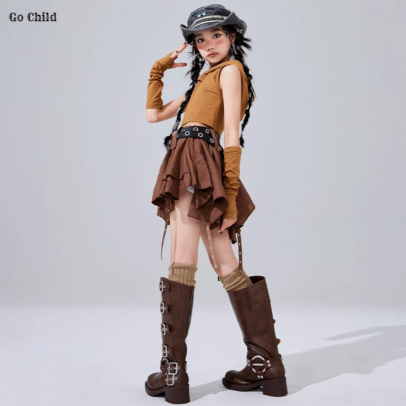 Girls K-pop Wasteland Crop Hoodies Street Dance Tiered Skirts Kids Hip Hop Streetwear Child Jazz Girl Group Costume Clothes Sets 4
