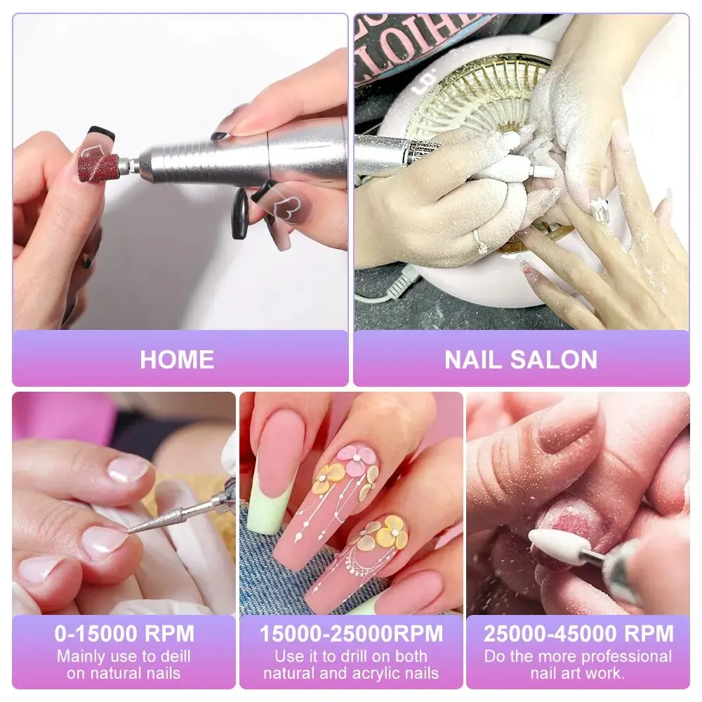 Professional 45000RPM Electric Portable Nail Drill Machine Rechargeable Low Noise Nail Sander File for Manicure Salon Tool 5