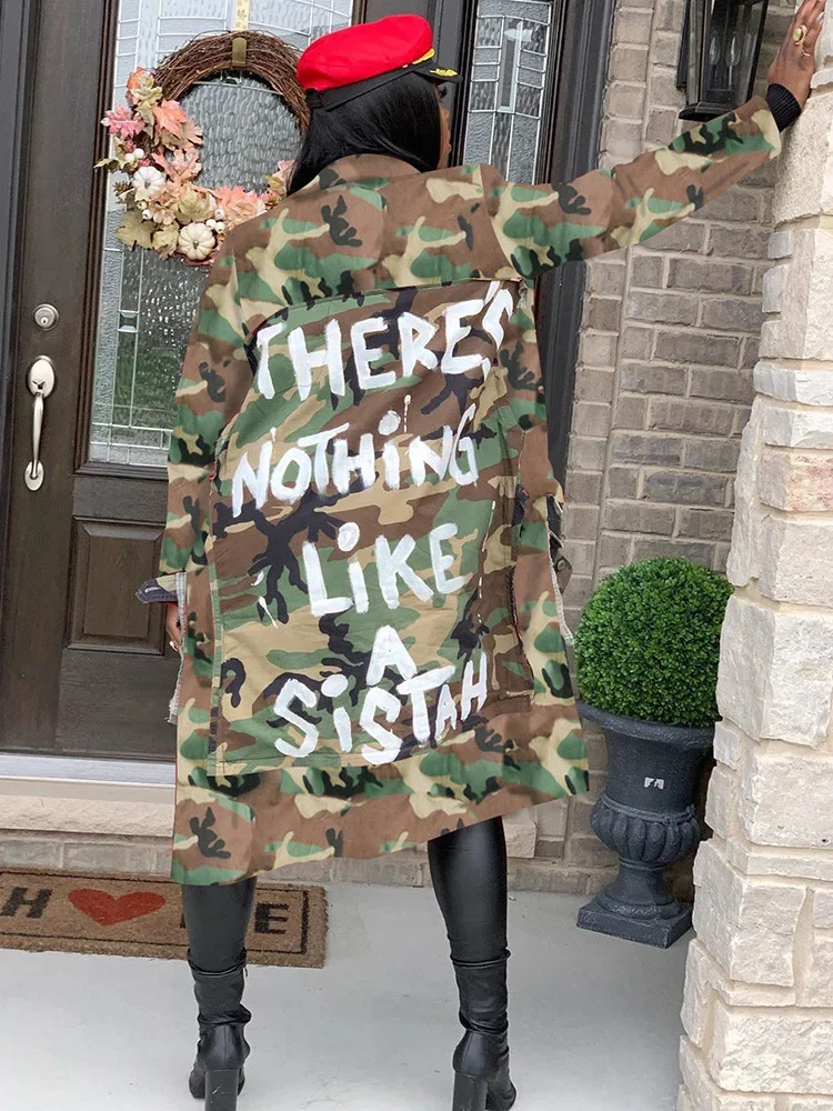 Wmstar Camouflage Trench Jacket Women Clothing 2023 Letter Print Coat Fashion Streetwear Long Style Tops Wholesale Dropshipping