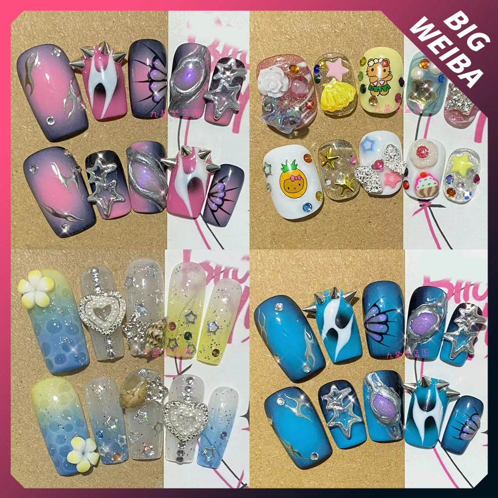 

Free Shipping Y2K Nail Art Black Skin HelloKitty Rhinestone Fake Nails Artificial High Quality Full Coverage Diy Nail Woman Gift