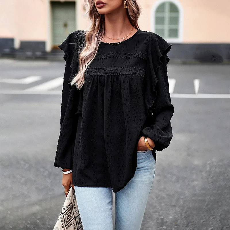 Spring Autumn New Ruffles Jacquard Loose Casual Blouse Female Long Sleeve Solid Color All-match Pullover Top Women Fashion Shirt