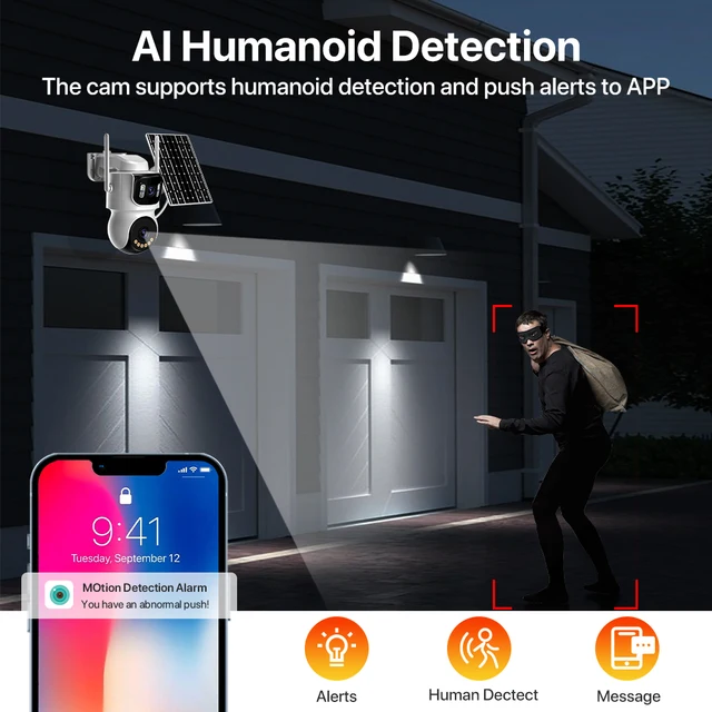 4G Solar Camera SIM Card 24/7 Recording 10X Zoom Three Screen Camera Built-in Battery 4MP WIFI Camera PIR Human Detect iCSee 5