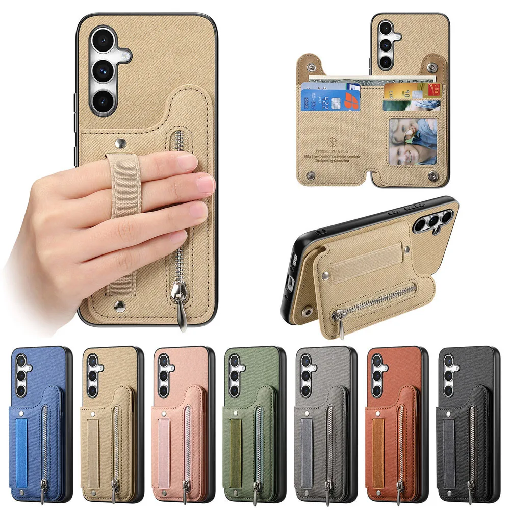 Zipper Card Slot Leather Wallet Case with Elastic Rope Wrist Strap
