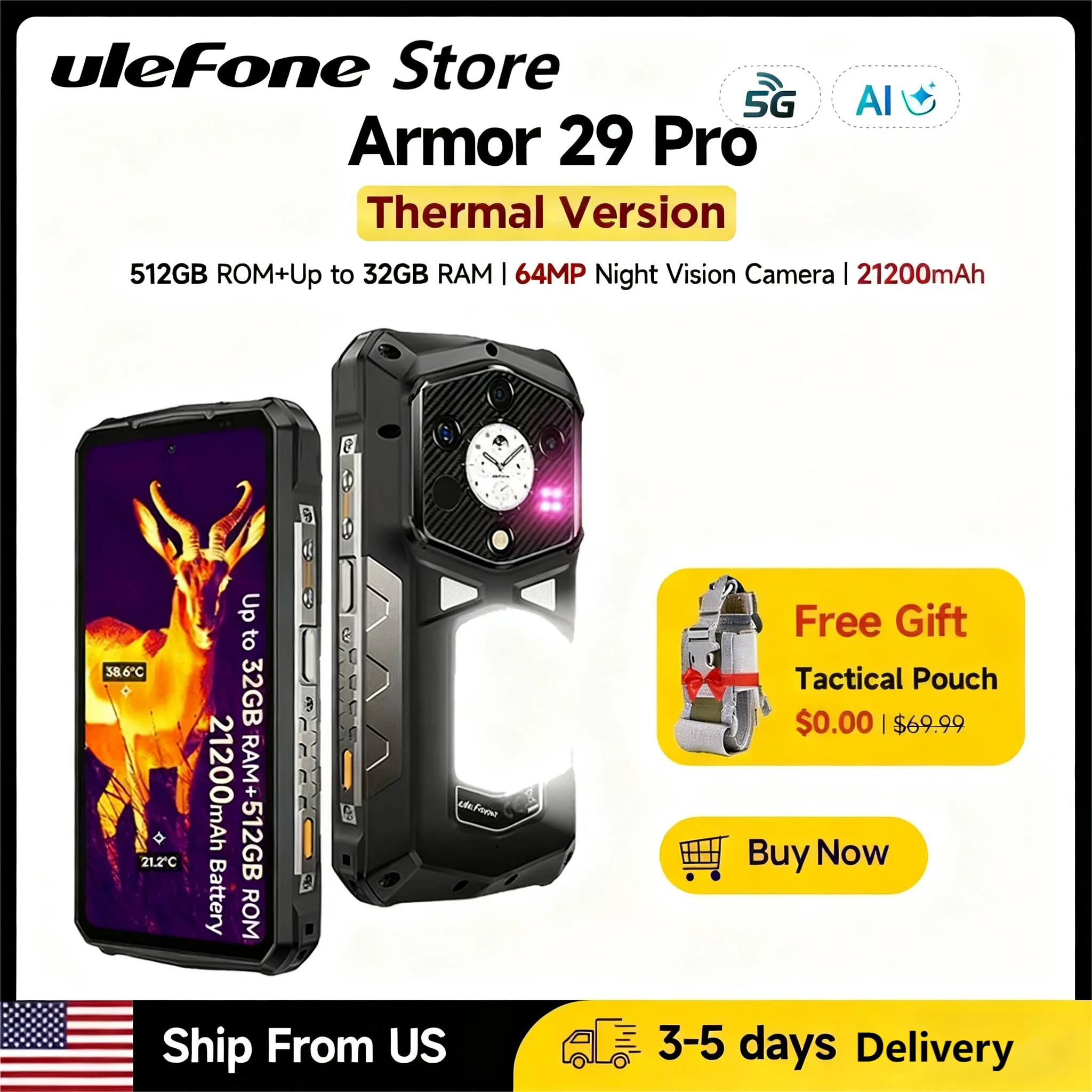 Ulefone Armor 29 Pro Thermal Version 5G AI Rugged Phone 6.67" 120Hz 21200mAh 120W 64MP Night Vision Up to 32GB RAM 512GB ROM