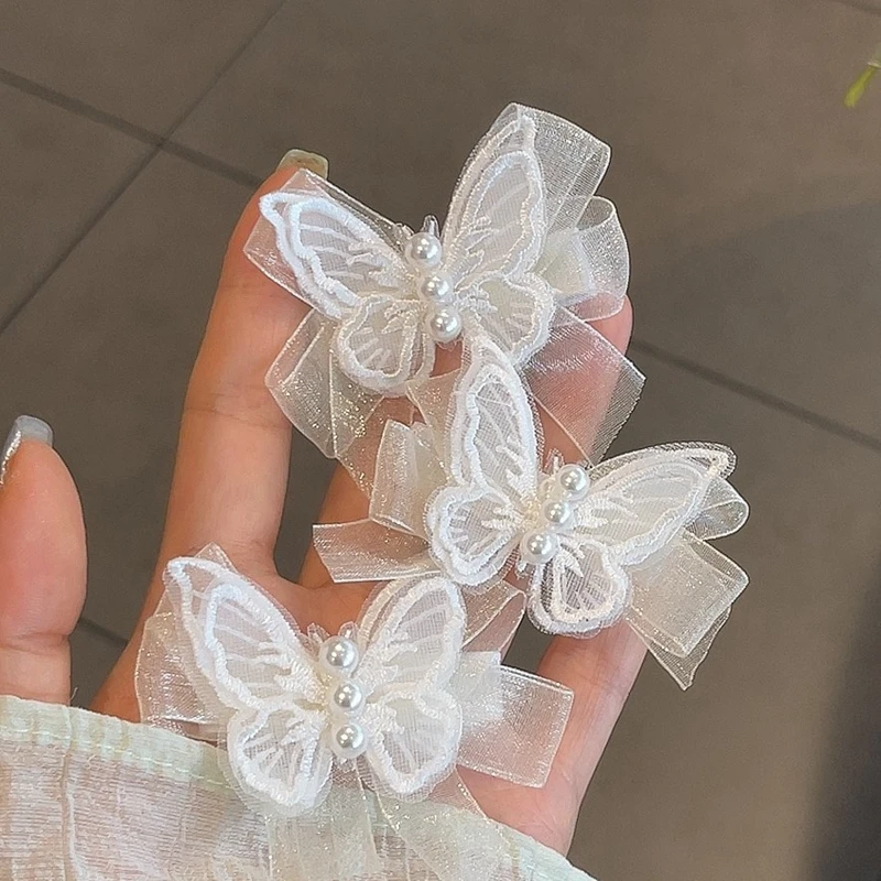 White Transparent Lace Butterflies Hair Clips for Women Cute Pearls