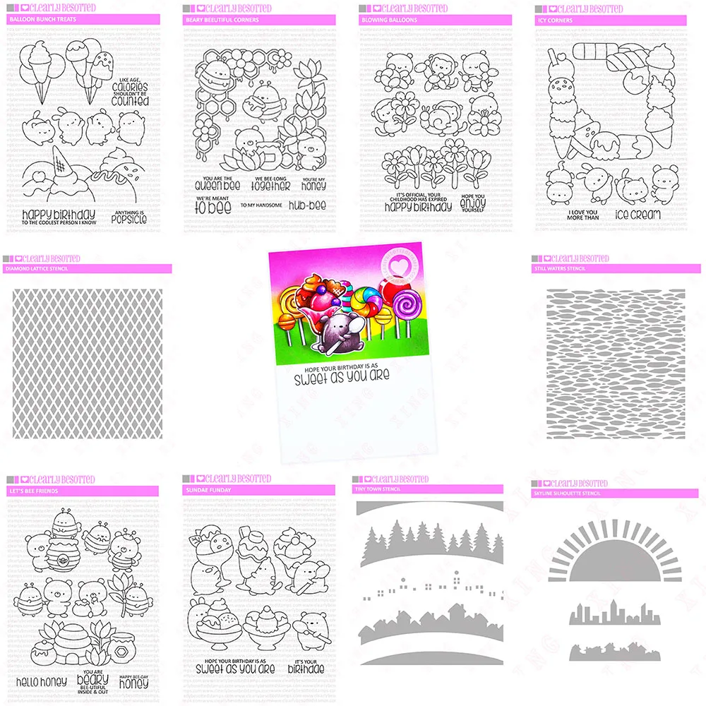 

New Diy Balloon Corners Bee Sundae Metal Cutting Dies Silicone Stamps Skyline Silhouette Diamond Lattice Town Waters Stencil Set