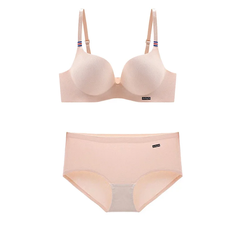 영국 아이스 실크 프렌치 심플 레이디 브라 세트, 두꺼운 컵 브라, 강철 링 없음, 수집 효과, 원피스 