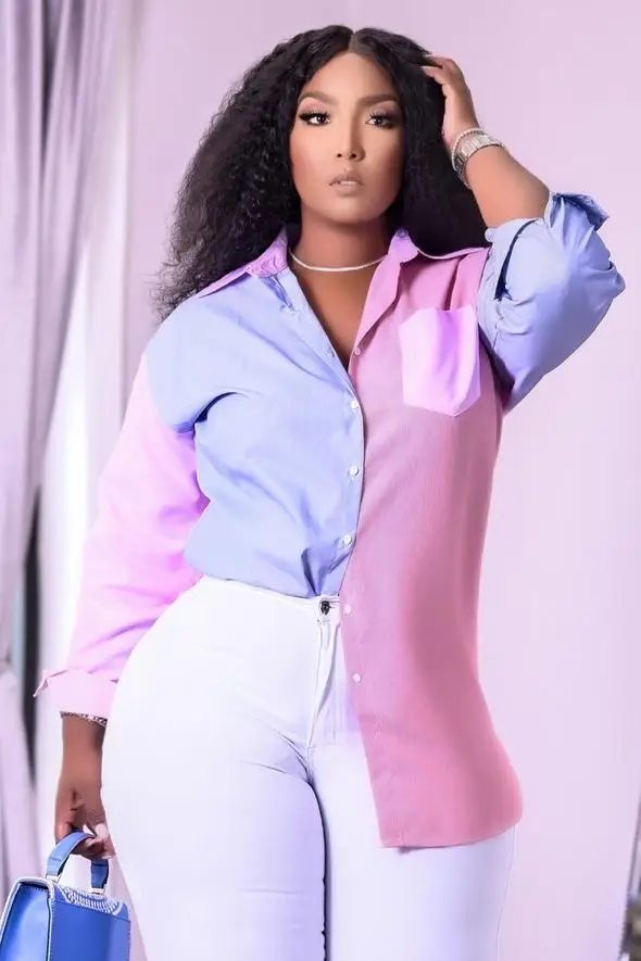 

Lapel Single-breasted Bump Color Stitching Long-sleeved Shirt 2021 Fashion Casual Elegant Commute Personality Quality Blouse