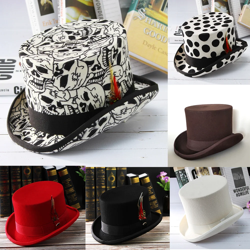 Men Hat 100% Wool Fedora Hat Unisex Top Show Gentleman Bowler Hat Black Red Magic Hat Presidential Hat Feather Accessories 1