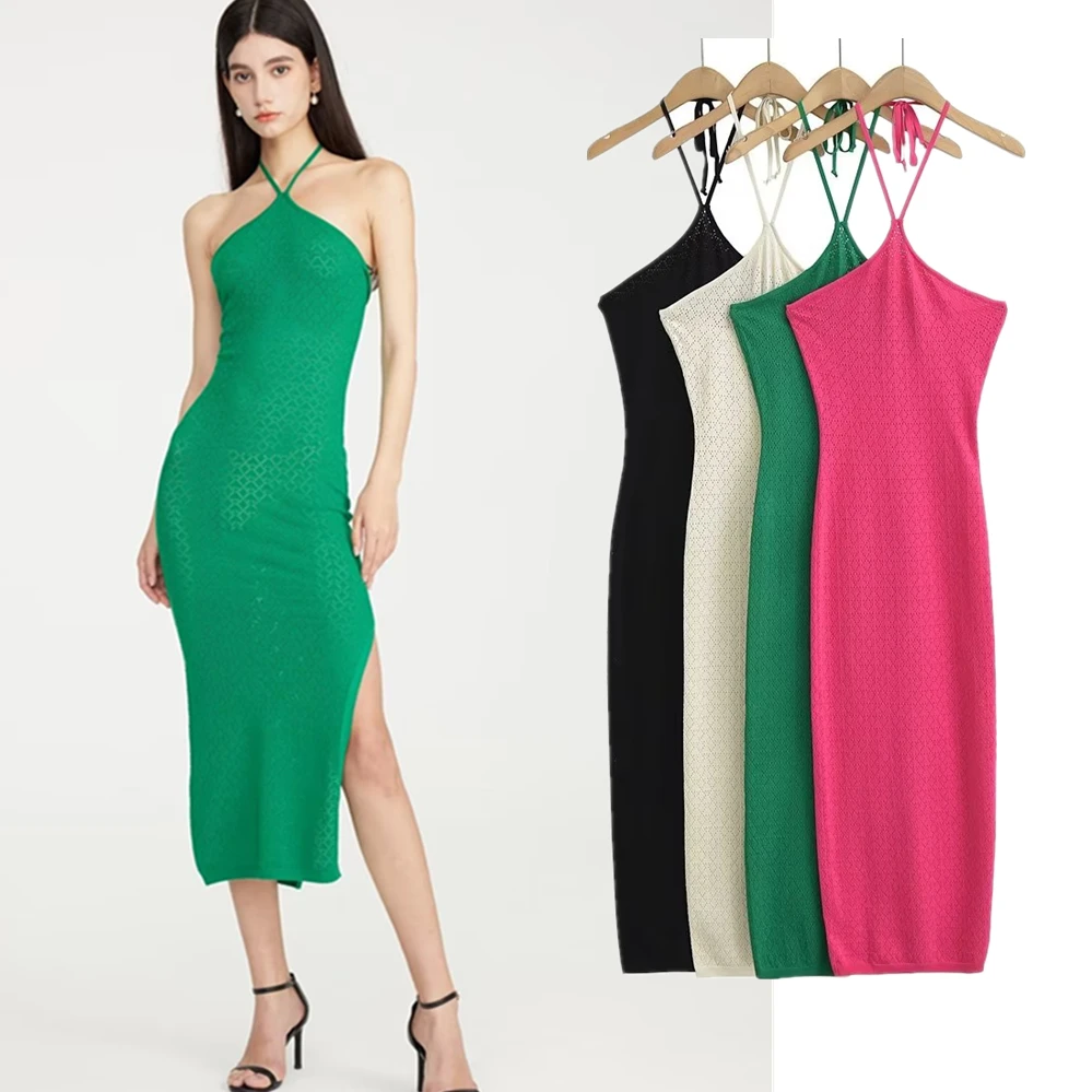 

Jenny&Dave French Fashion Halter Hanging Neck Slit Party Dress Female Hollow Sexy Elegant Ladies Knitted Dress