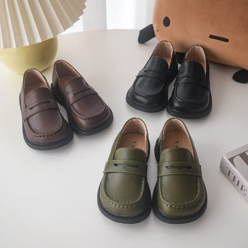 

Children Leather Shoes Girl's British Retro Microfiber Leather Shoes Boys Soft Sole Non-slip Casual Flats Size 21-30