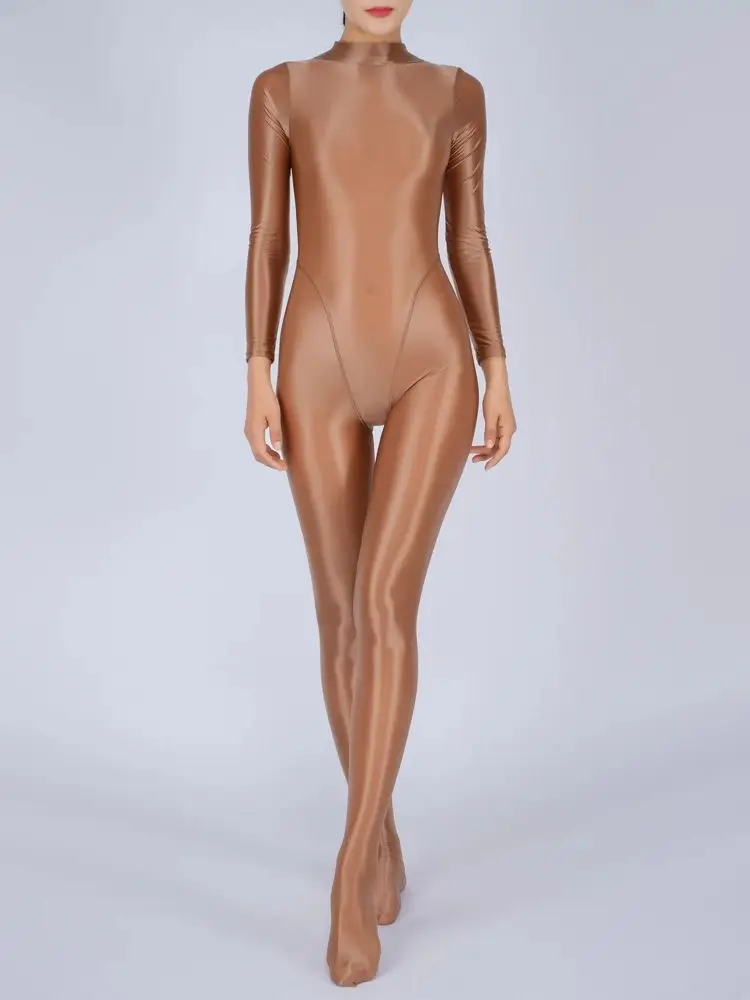 Shiny Stand Collar Back Zipper Catsuit Bodystocking High Cut Patchwork Bodysuit Tights Sexy Leotard Conjoined Jumpsuit Unitard 4