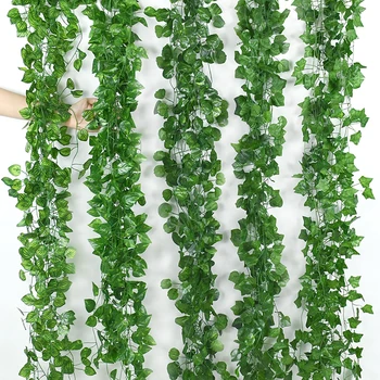 2.1M Artificial Plant Green Ivy Leaf Garland Silk Wall Hanging Vine Home Garden Decoration Wedding Party DIY Fake Wreath Leaves 1