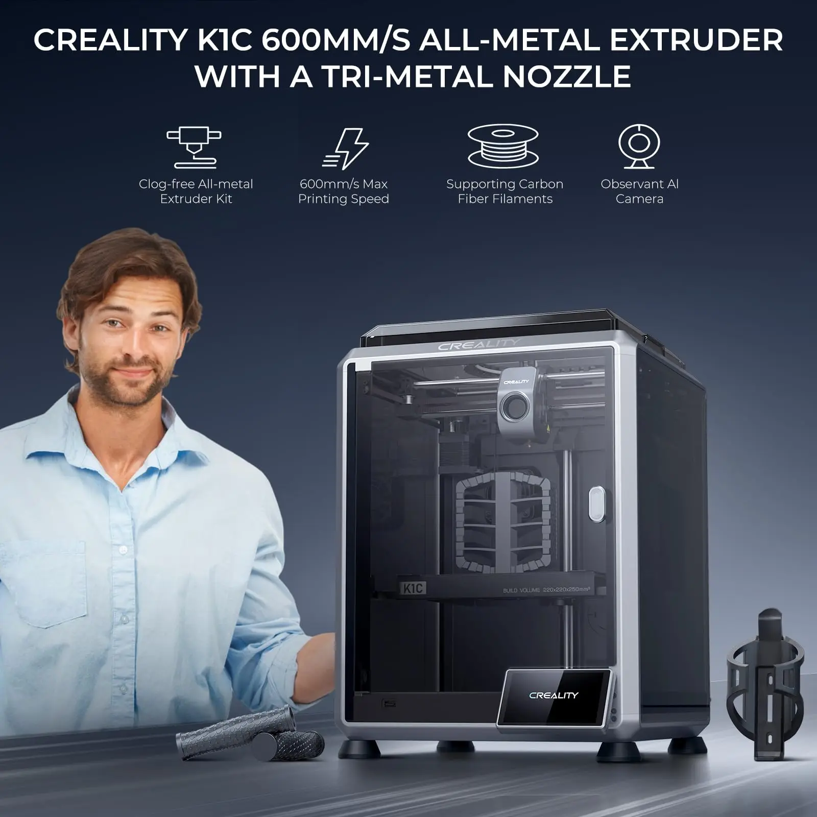 Creality K1C 3D 프린터, 빠른 인쇄 속도, 전금속 직접 압출기, 300 ℃ 인쇄, 자동 레벨링 AI 카메라, 600 mm/s, 2024 새 버전
