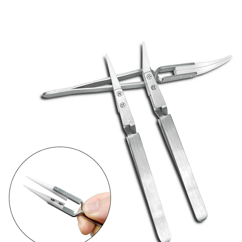 Interchangeable Head Anti-static Stainless Steel Ceramic Tweezers Heat-resistant Anti-magnetic Bending Straight Industrial Clips