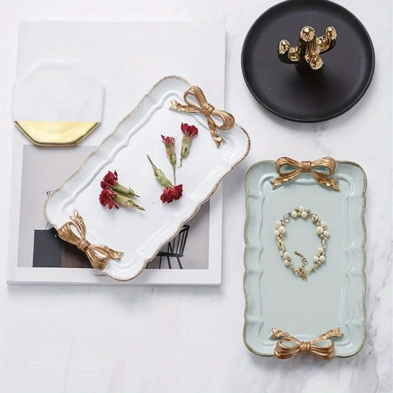 Elegant Resin Bow Tray for Fruit Dessert Cake Jewelry Storage Organizer Party Decoration and Home Tableware Display