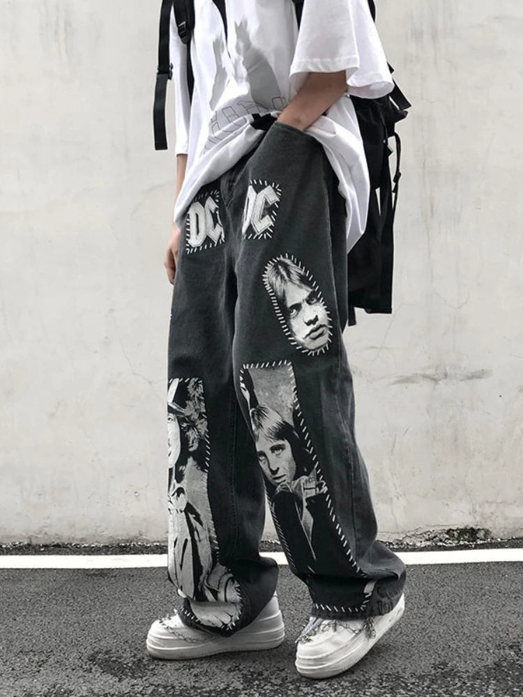 HOUZHOU Gothic Jeans Women Men Grunge Wide Leg Baggy Denim Pants Punk Streetwear Hip Hop Trousers Y2k Hippie Harajuku Jeans 90s