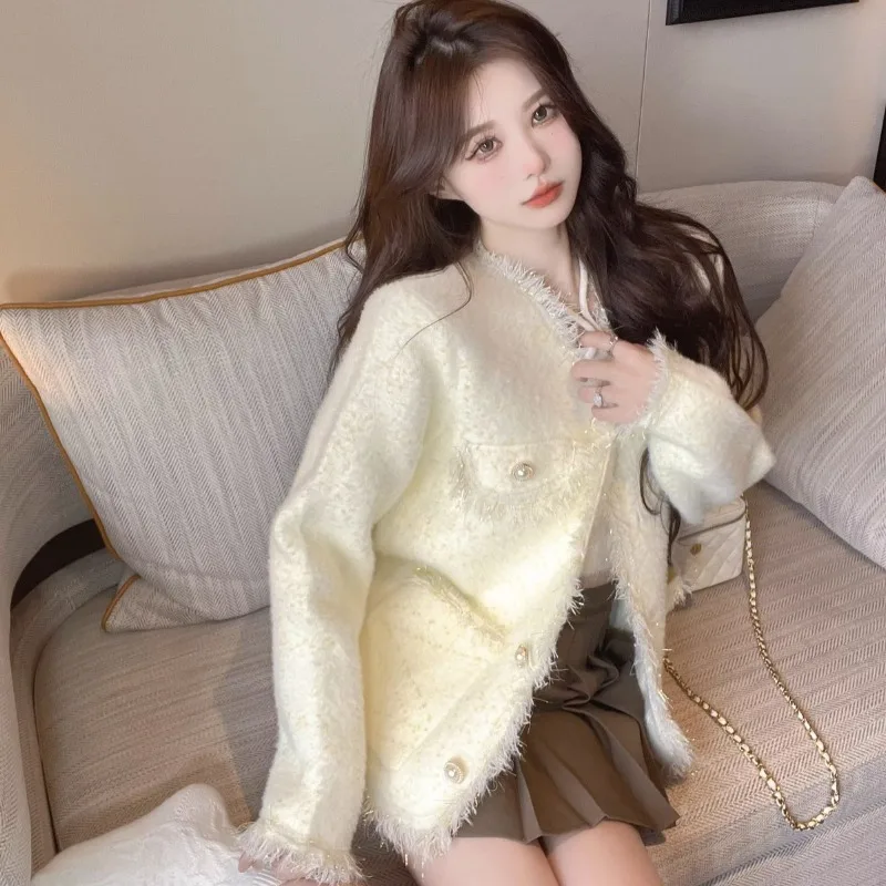 Girls French Style Party Elegant Mink Overcoat Women's Autumn Winter Pearl Cardigan Jackets Top Small Fragrance Tender Blouse