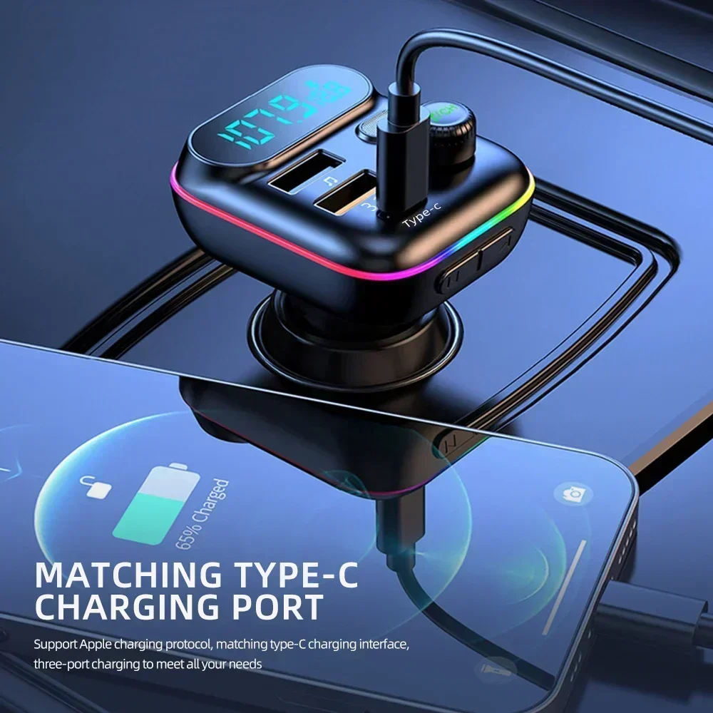 QC3.0 PD 25W Car Charger Fast USB Type C Car Bluetooth 5.0 FM Transmitter Colorful Handsfree Kit Mp3 Player Support TF Card