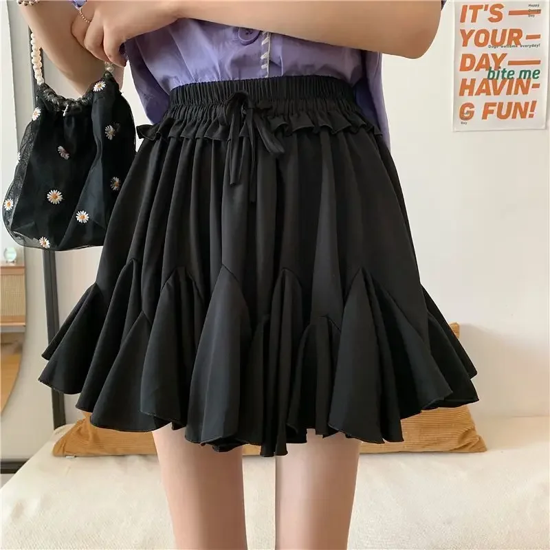 Skirts Women Sweet Chiffon Elegant Stylish Pleated Empire Elastic Waist Lace-up Ruffles A-line Ulzzang All-match Daily College