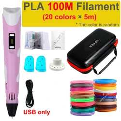 Creative 3D Printing Pen for Kids with Travel Case - Ideal DIY Gift for Birthdays and Holidays (USB add 100M PLA)