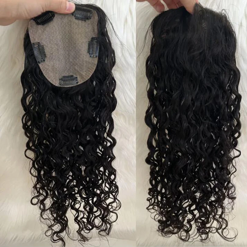 150% Density Curly Human Hair Toppers European Virgin Hair Silk Base Clip in Topper for Women with Thinning Cover Gray