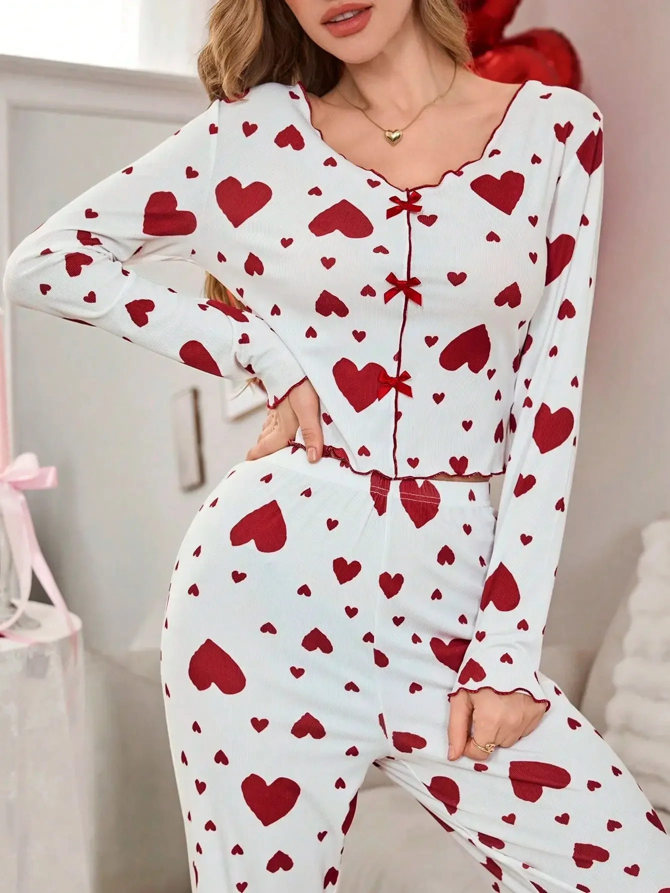 Pajamas 2 Piece Sets Women Sleepwear Loungewear Suit Top Pants Heart Print Bow Trousers Autumn Ensemble Nightwear Outfits